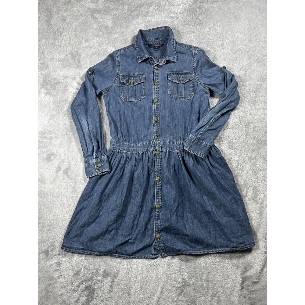Polo Ralph Lauren Dress Denim Girls 16 Shirt Dress Gold Tone Buttons Pockets EUC